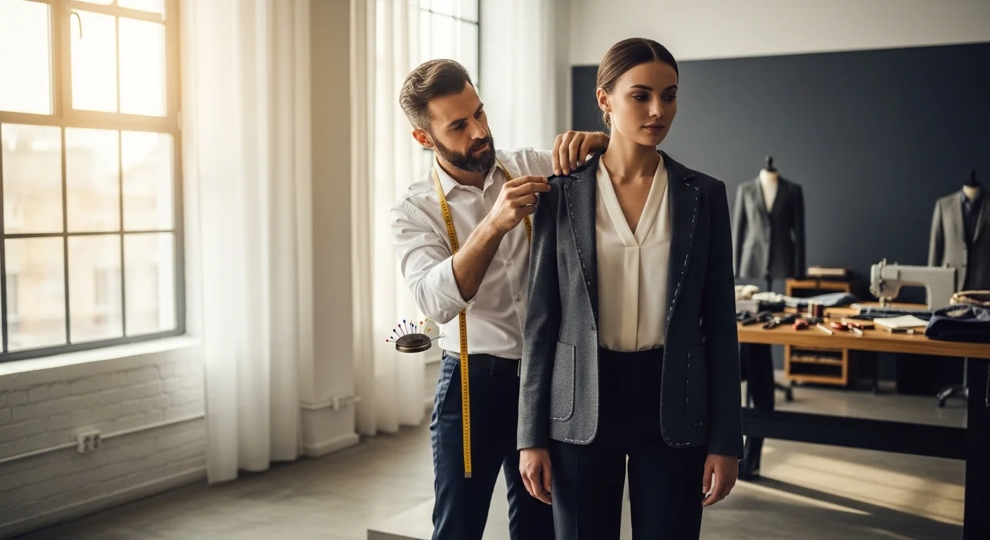 tailor adjusting the shoulder fit of a charcoal blazer on a professional woman in a well lit tailor studio