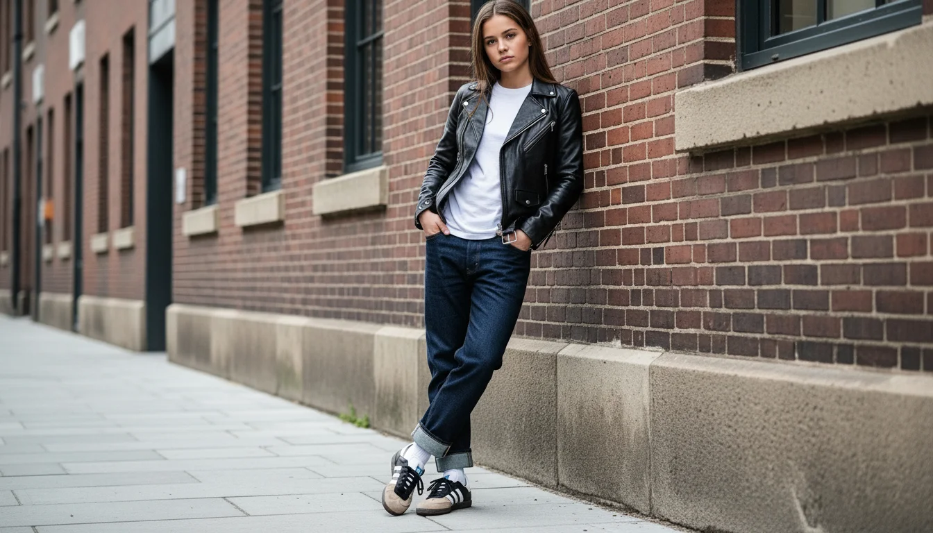 woMan in black moto leather jacket, cuffed dark jeans, and tan Adidas Samba sneakers leaning against an urban brick wall