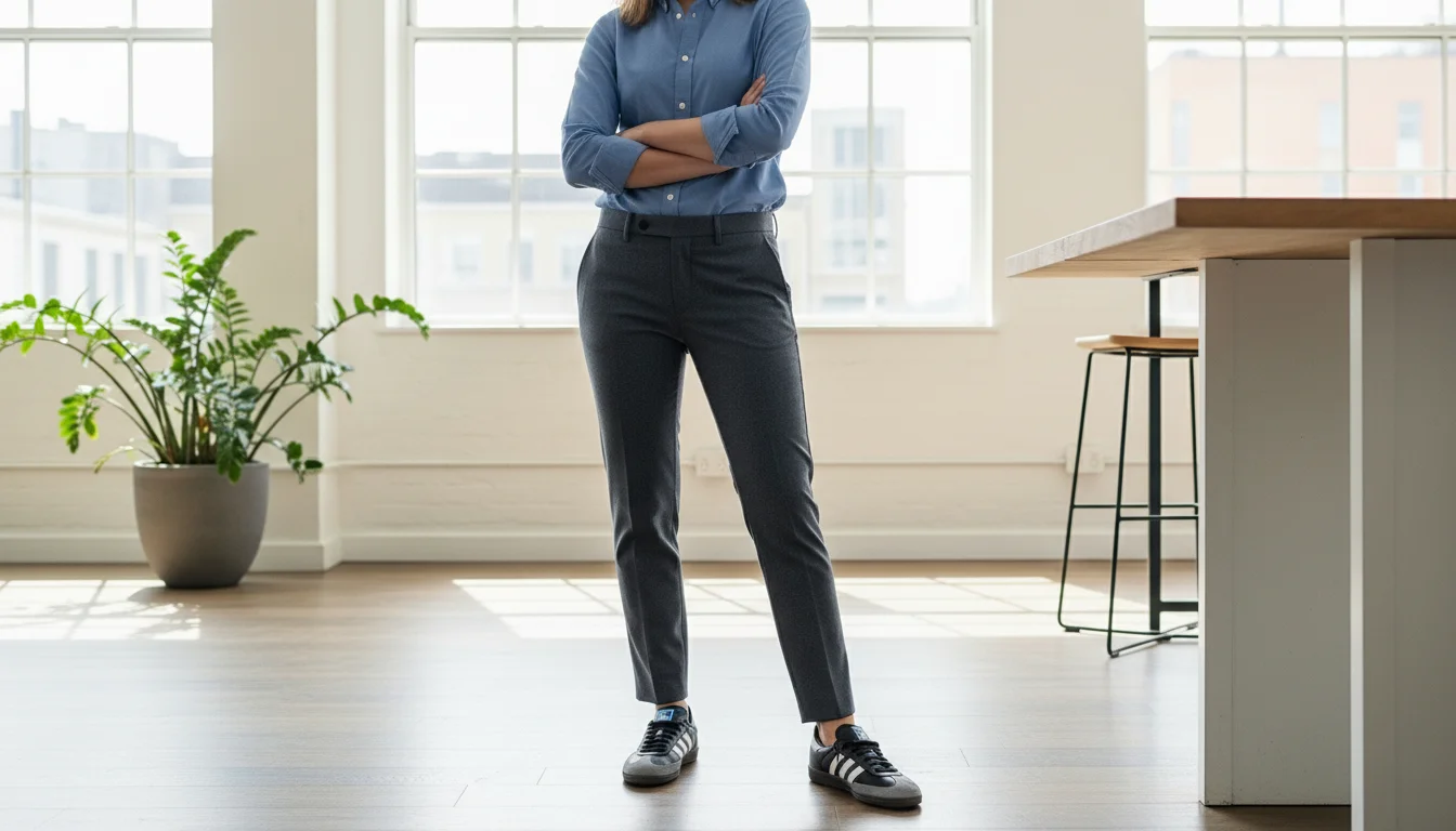 woMan in charcoal chinos, blue Oxford shirt, and black and white Adidas Samba sneakers standing in a bright modern offic