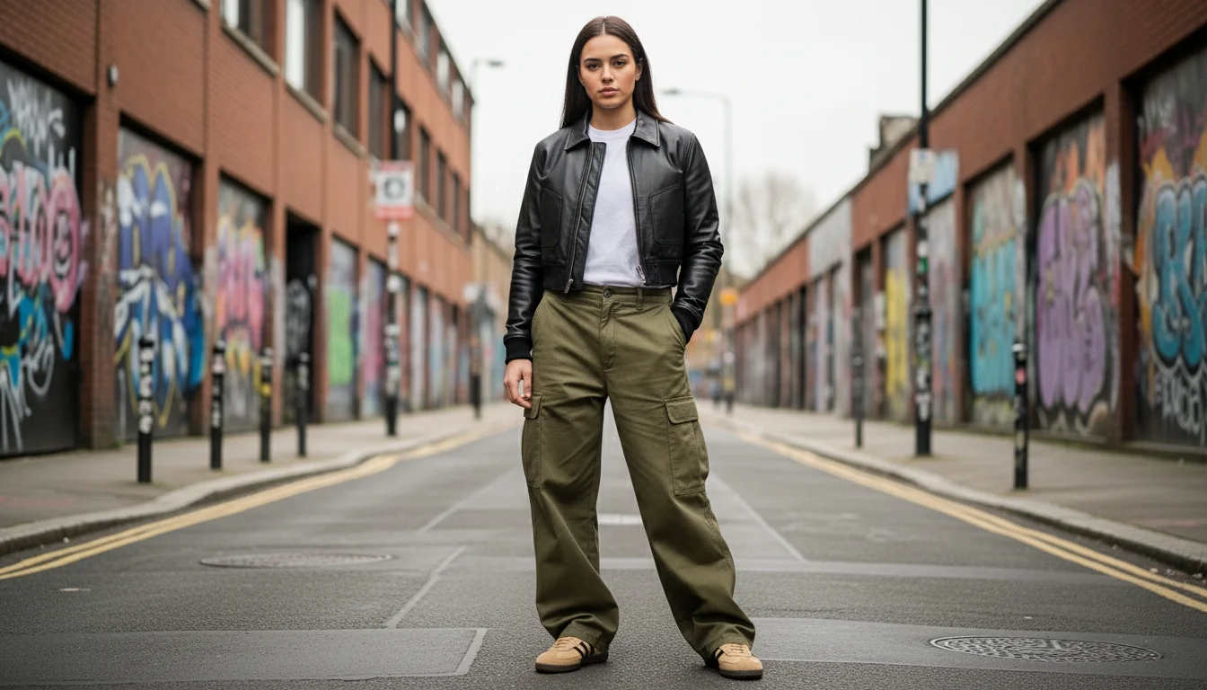 woMan in olive cargo trousers, black leather bomber jacket, and tan Adidas Samba sneakers standing on a graffiti lined urban street