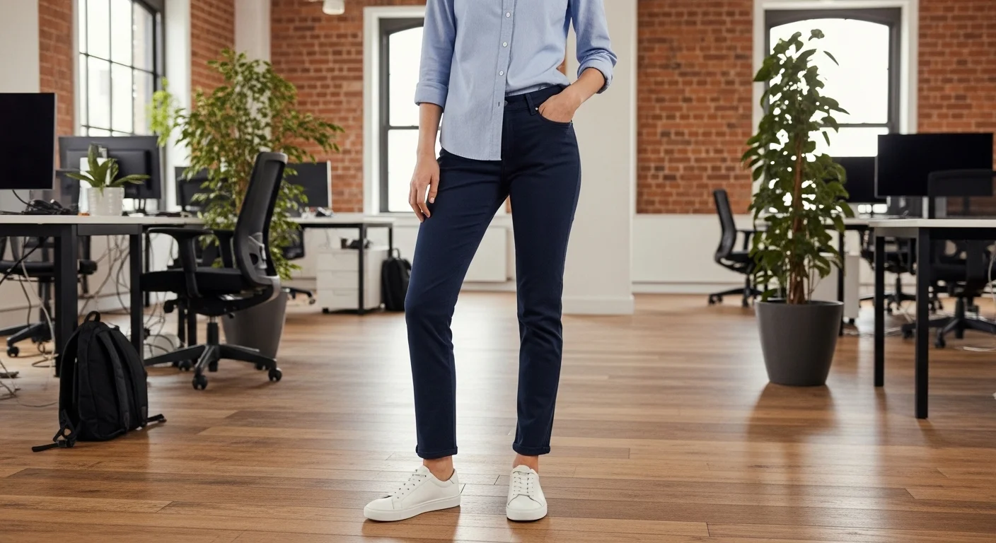 woman in smart casual dark chinos and blue button down shirt for a tech company startup interview
