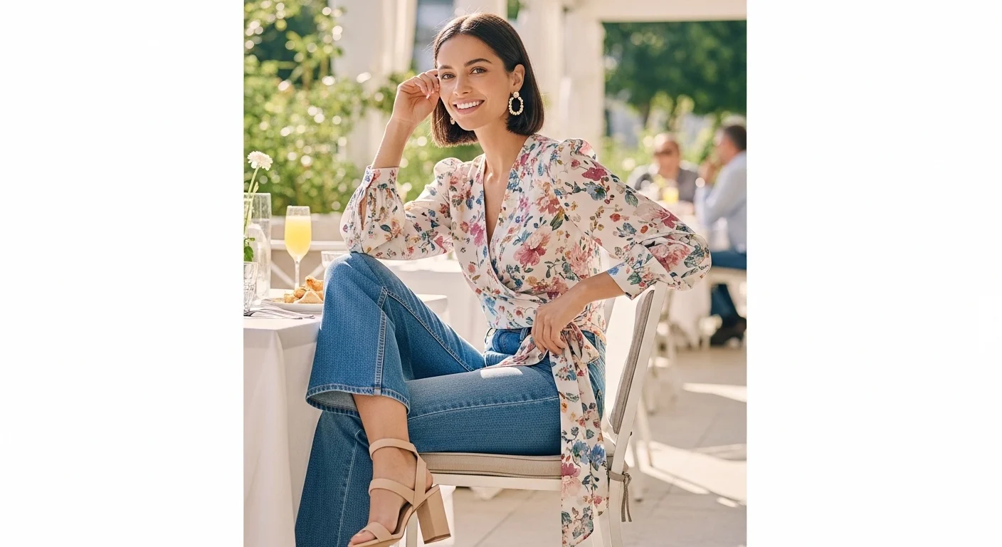 woman wearing a soft floral wrap blouse tucked into barrel jeans with block heeled sandals and gold hoop earrings 1