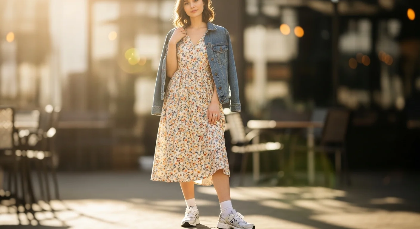 women in flowery outfit wihh white sneaker
