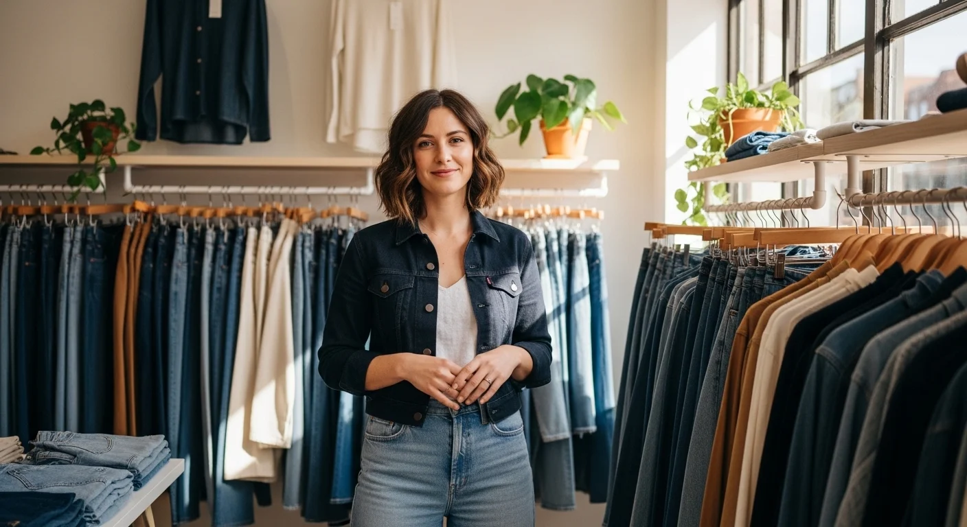 A woman in a dark indigo denim jacket and light wash wide leg jeans standing inside a sustainable clothing boutique surrounded by neatly displayed denim pieces in a bright natural light setting