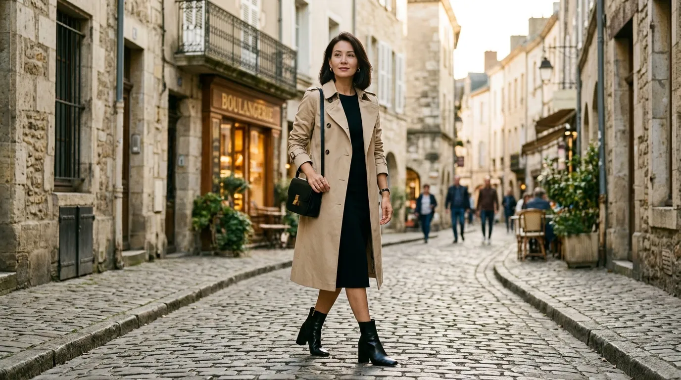 Beige Trench Coat Over a Little Black Dress