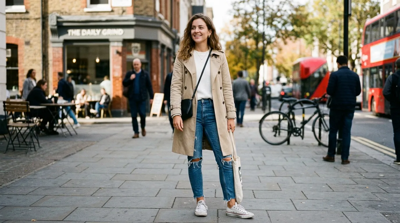 Beige Trench Coat with Ripped Jeans and Converse