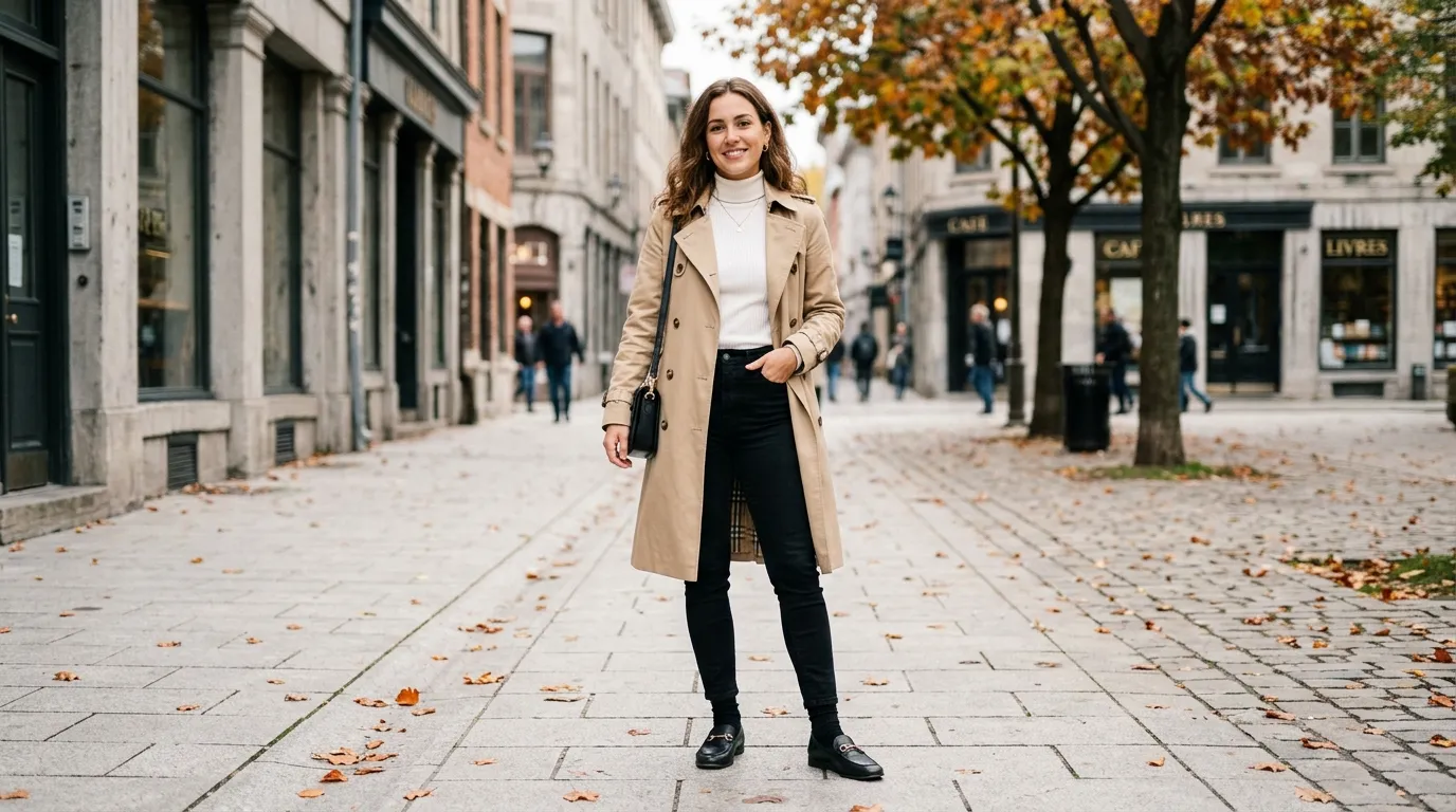 Beige Trench Coat with White Turtleneck and Black Skinny Jean
