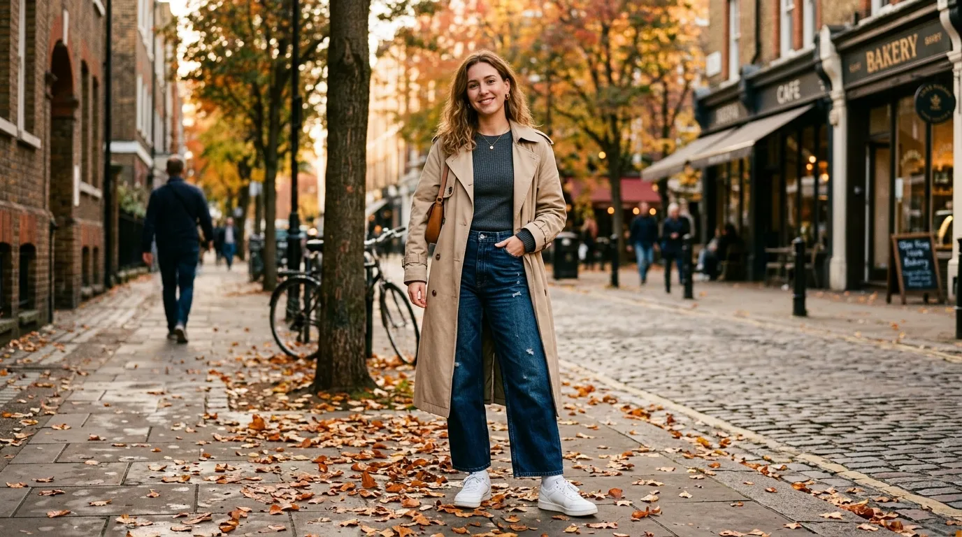 Beige Trench Coat with Wide Leg Jeans and Sneakers