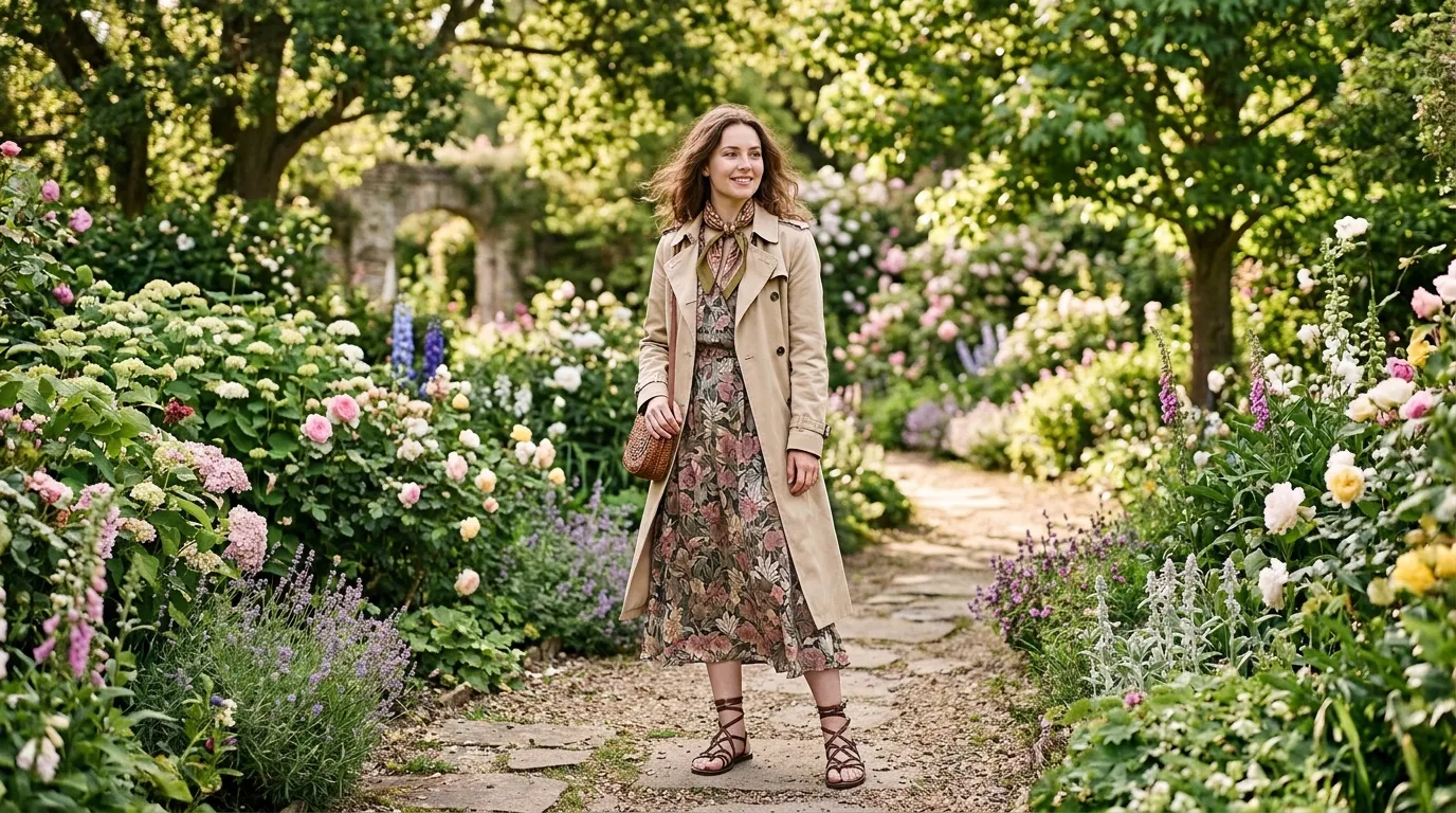 Beige Trench Coat with a Floral Midi Dress