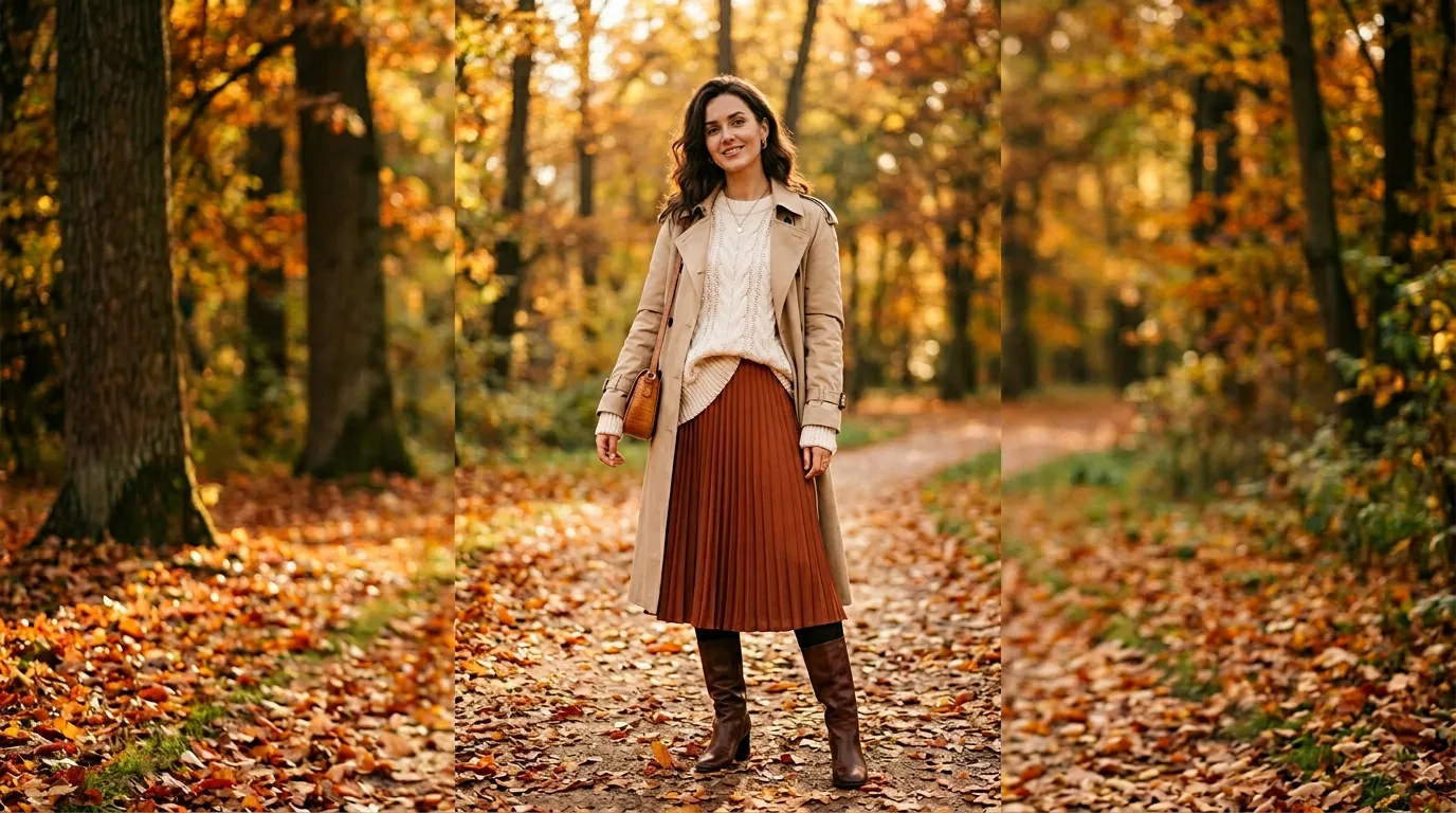 Beige Trench Coat with a Midi Skirt and Knit Sweater