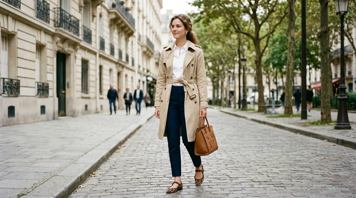Beige Trench Coat with a White Button Down and Slim Trousers