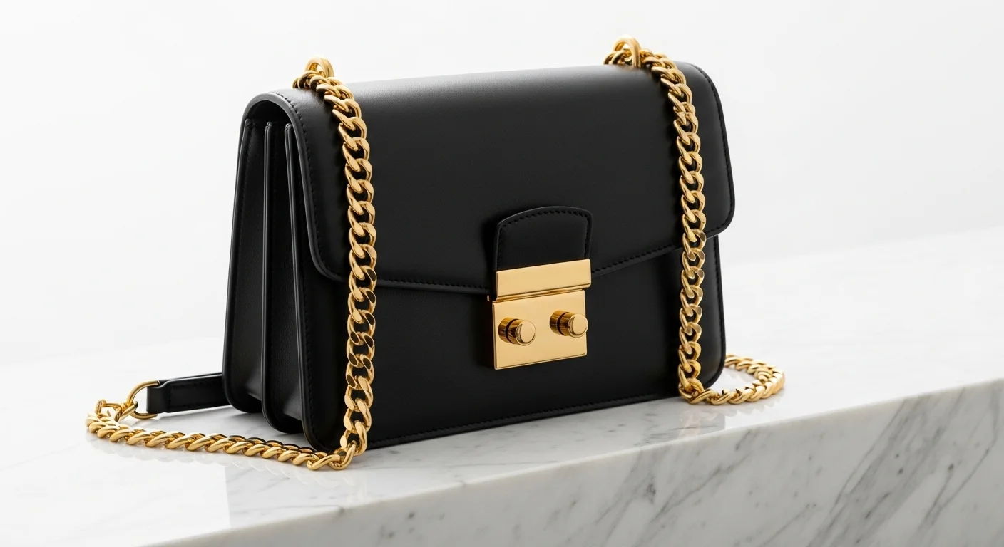 Black leather crossbody bag with gold chain strap draped over marble ledge representing chain strap handbag trend 2026