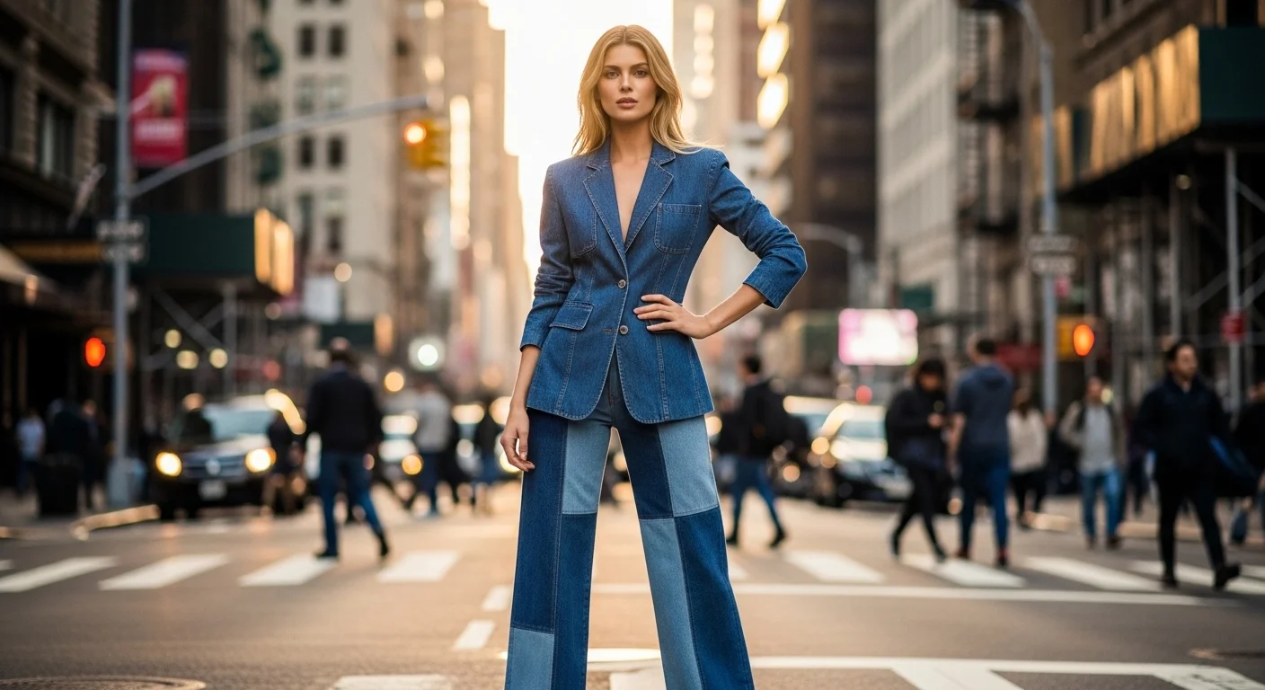 Blake Lively standing confidently in the middle of a New York City street wearing a tailored denim blazer and wide leg patchwork jeans with one hand on her hip during golden hour (1)