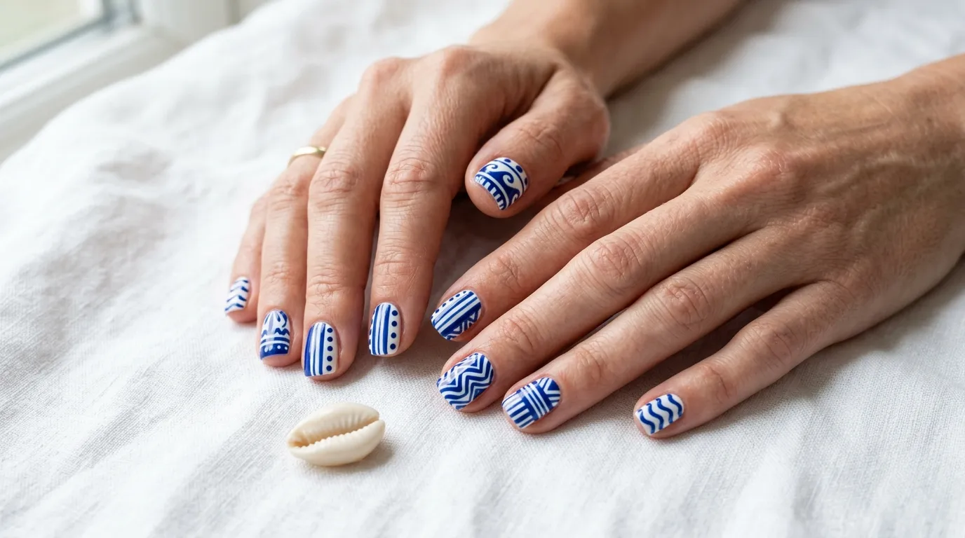 Blue and White Nails