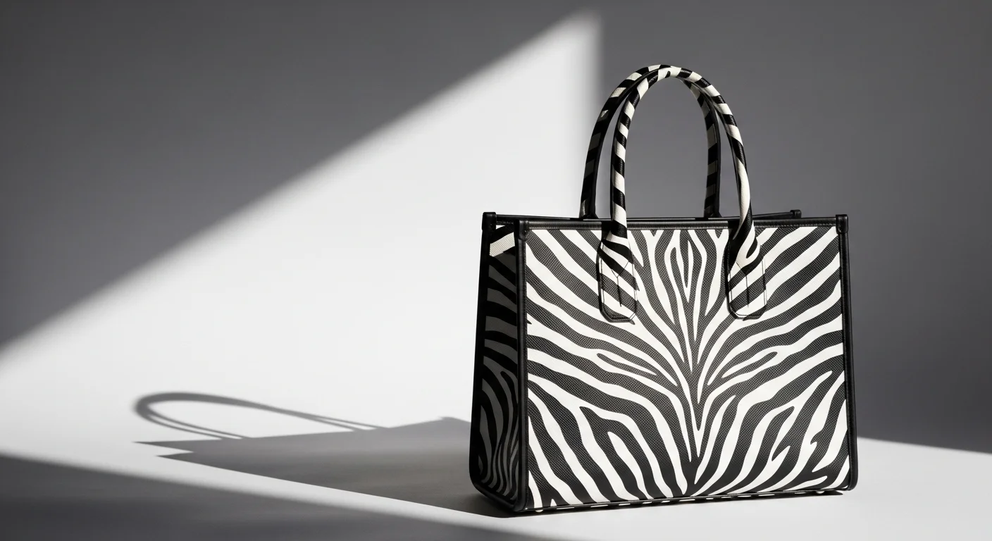 Bold zebra striped structured tote bag on white studi