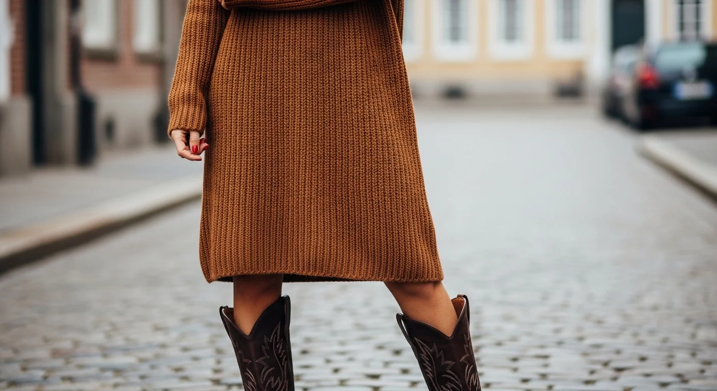 Chunky caramel ribbed sweater dress paired with dark brown leather cowboy boots on a cobblestone street, autumn fashion editorial
