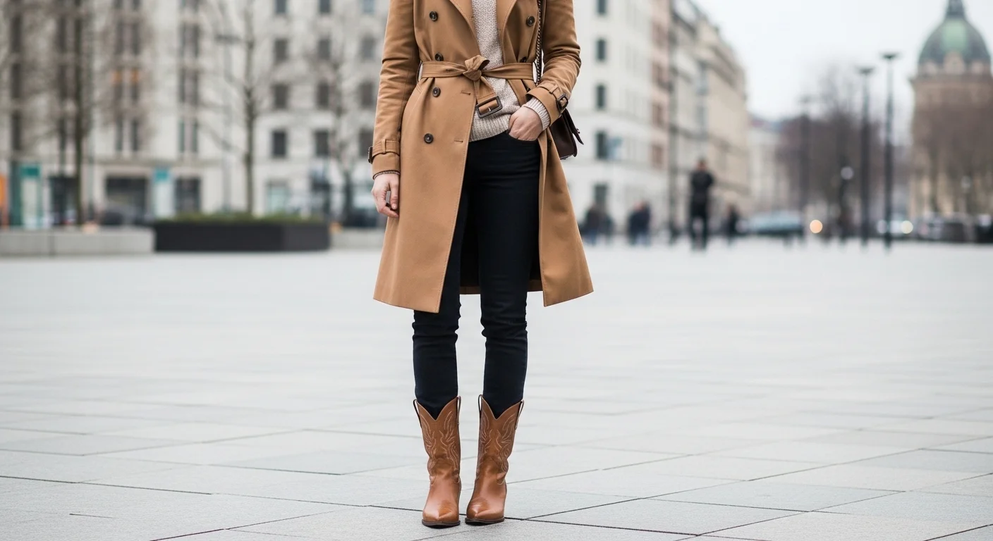 Classic camel trench coat belted at the waist with tan cowboy boots on a city pavement, polished modern fashion editorial
