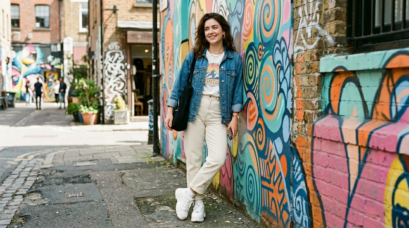 Cream Jeans with a Denim Jacket and a Graphic Tee