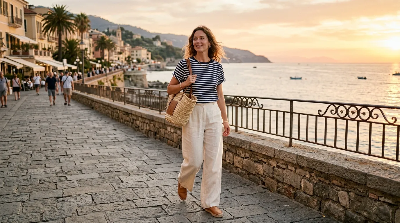 Cream Linen Pants with a Striped Tee and Espadrilles
