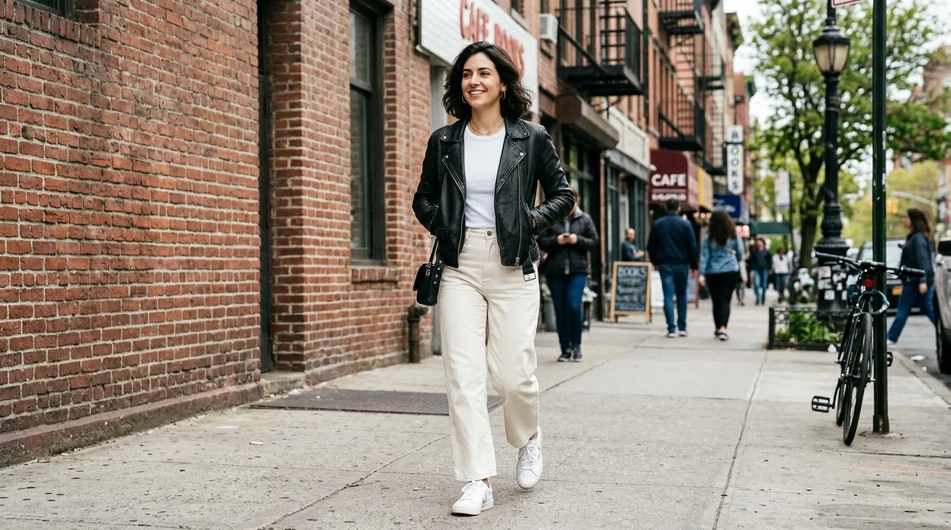 Cream Pants with a Leather Jacket and White Sneakers