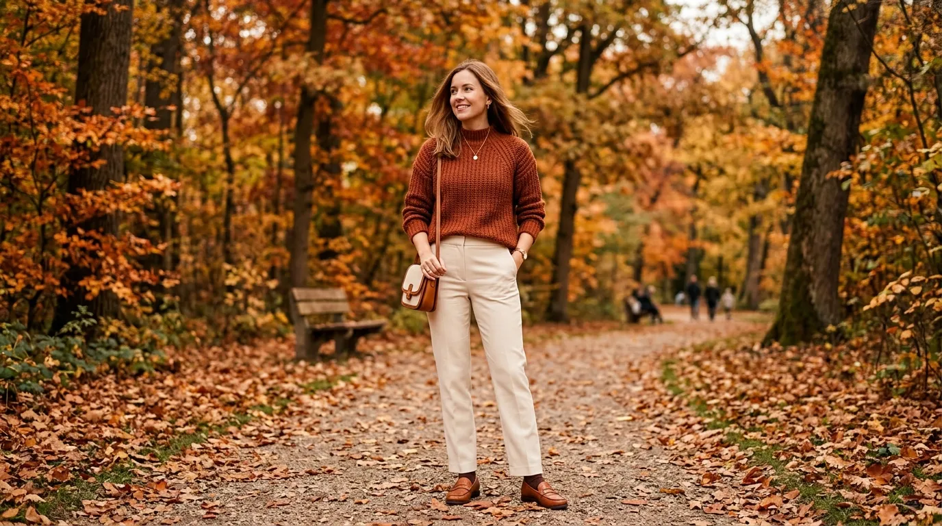 Cream Pants with a Rust or Terracotta Top