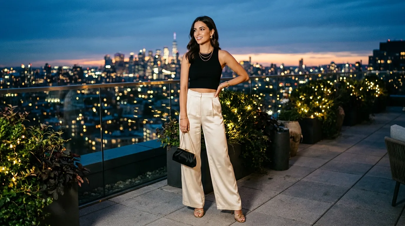 Cream Satin Pants with a Black Crop Top and Heels