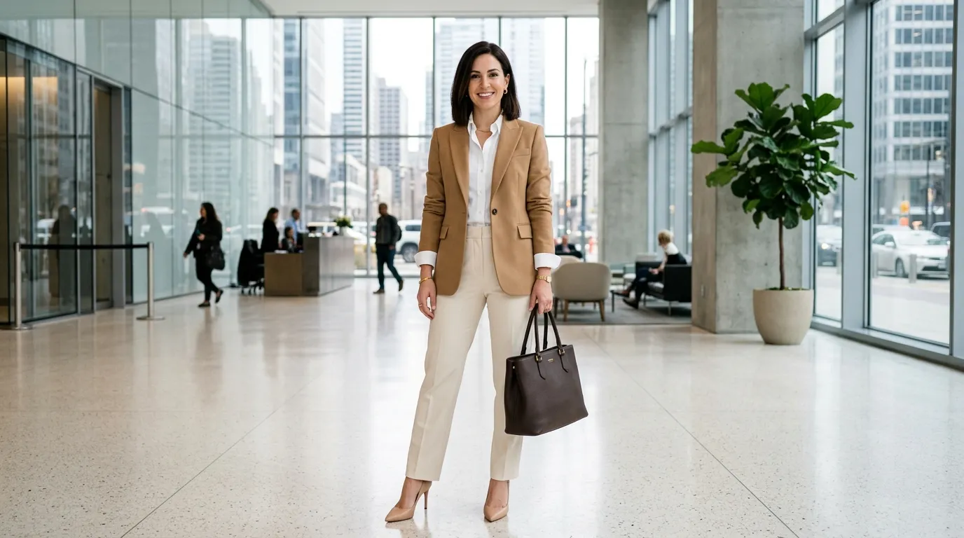 Cream Tailored Trousers with a Button Down Shirt and Blazer