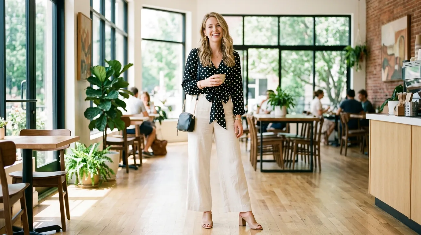 Cream Trousers with a Polka Dot or Printed Blouse
