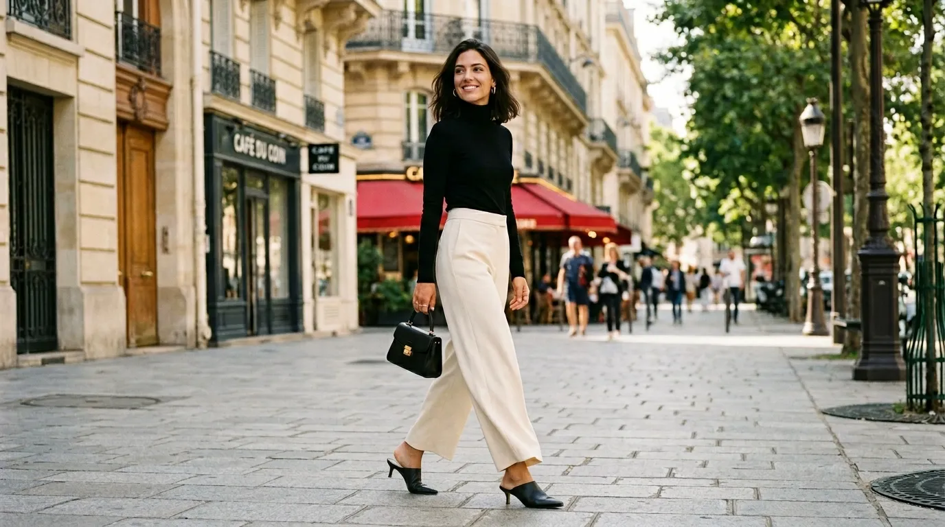 Cream Wide Leg Pants with a Black Fitted Top