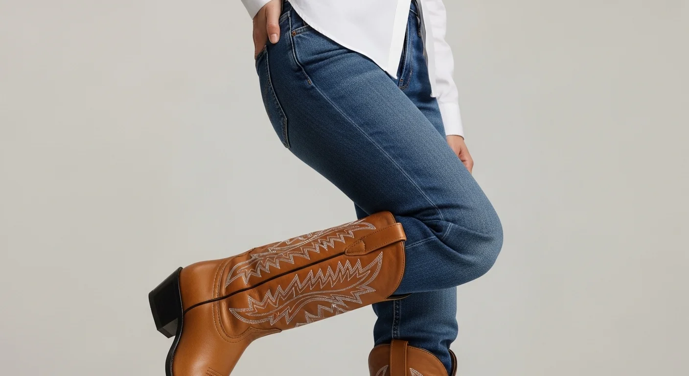 Dark wash straight leg jeans tucked into tan leather cowboy boots with white stitching, close up fashion editorial