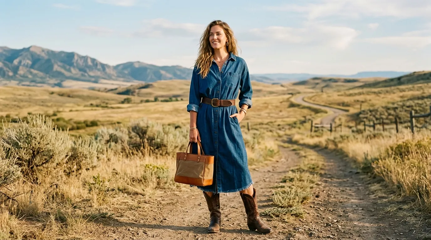 Denim Dress With Cowboy Boots for a Western Inspired Look
