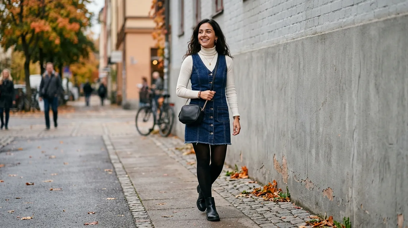Denim Dress and Turtleneck Layered Look