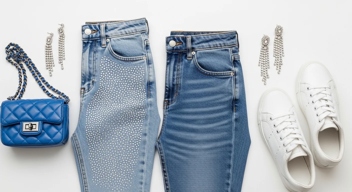 Fashion flatlay showing light wash rhinestone denim and dark mid wash denim fabric swatches styled alongside a quilted blue bag, crystal earrings, and white sneakers on a white surface (1)
