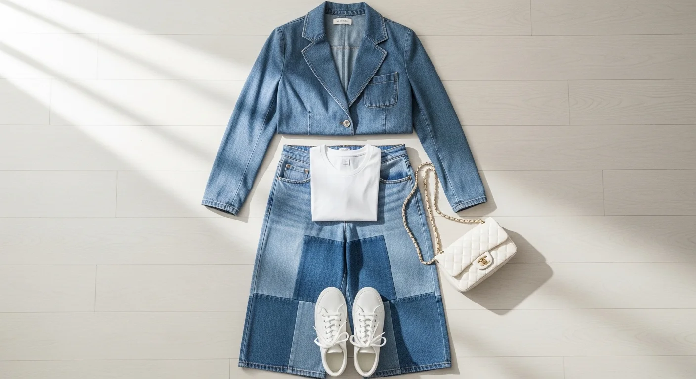 Flat lay of a complete double denim outfit including a dusty blue denim blazer, wide leg patchwork jeans, white sneakers, a quilted chain bag, and a white t shirt arranged on a light wooden surface