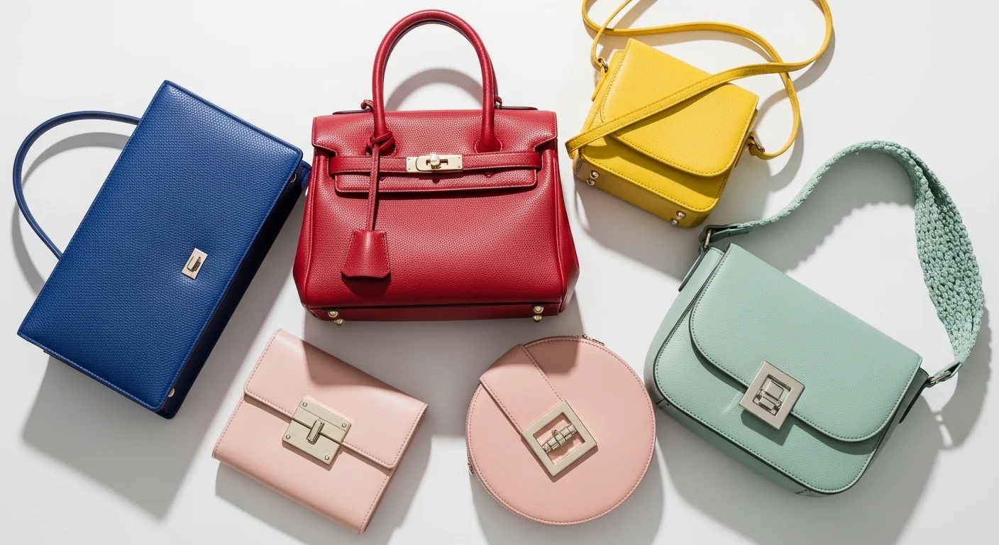 Flat lay of five handbags in bold primary and pastel colors