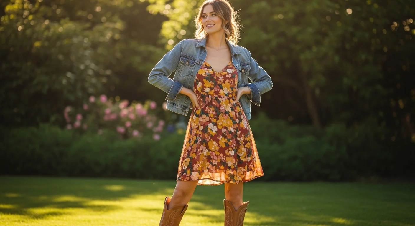 Floral sundress with tan cowboy boots and a denim jacket