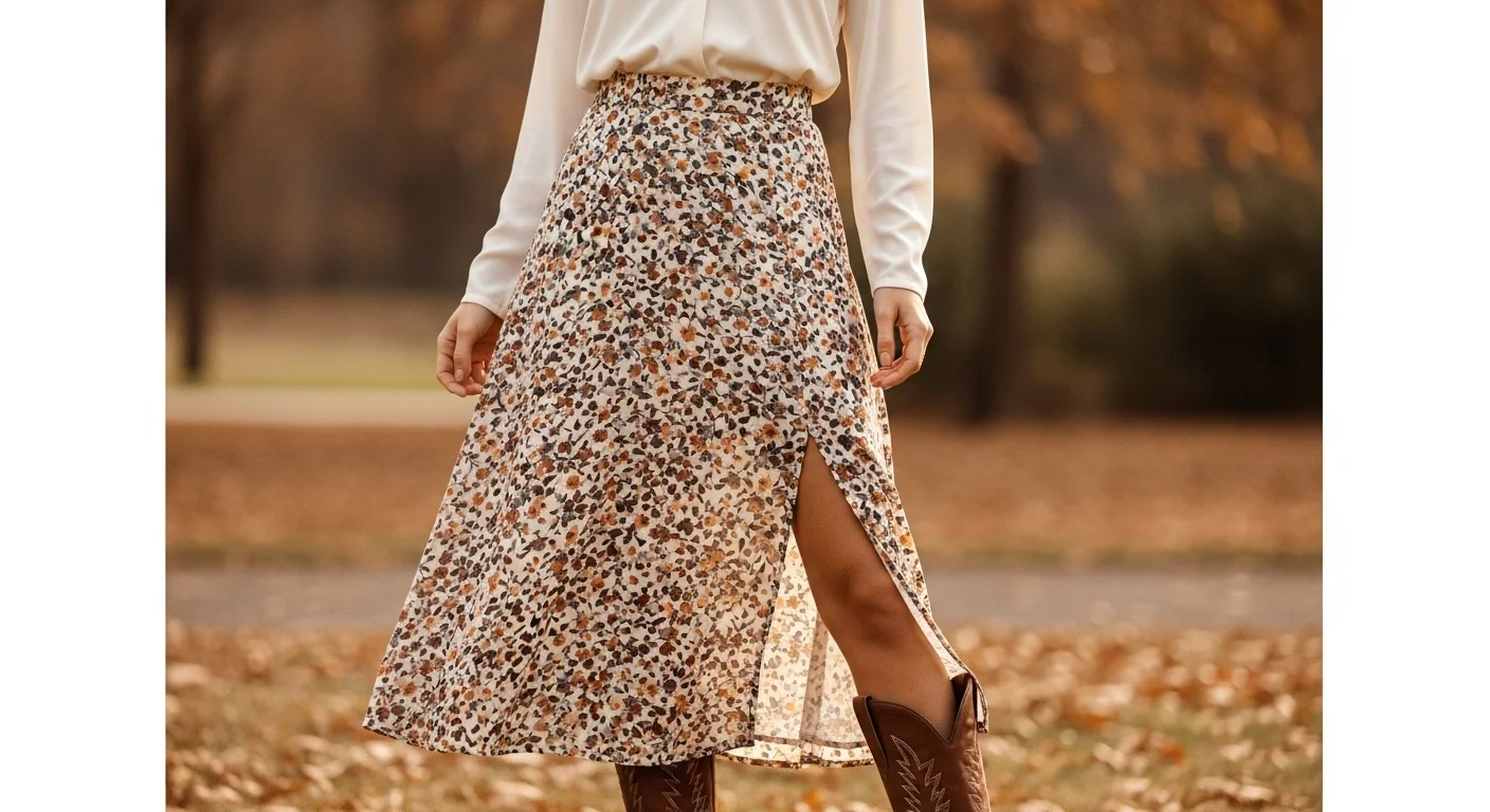 Flowy floral midi skirt with brown cowboy boots peeking out below the hem, outdoor autumn fashion editorial