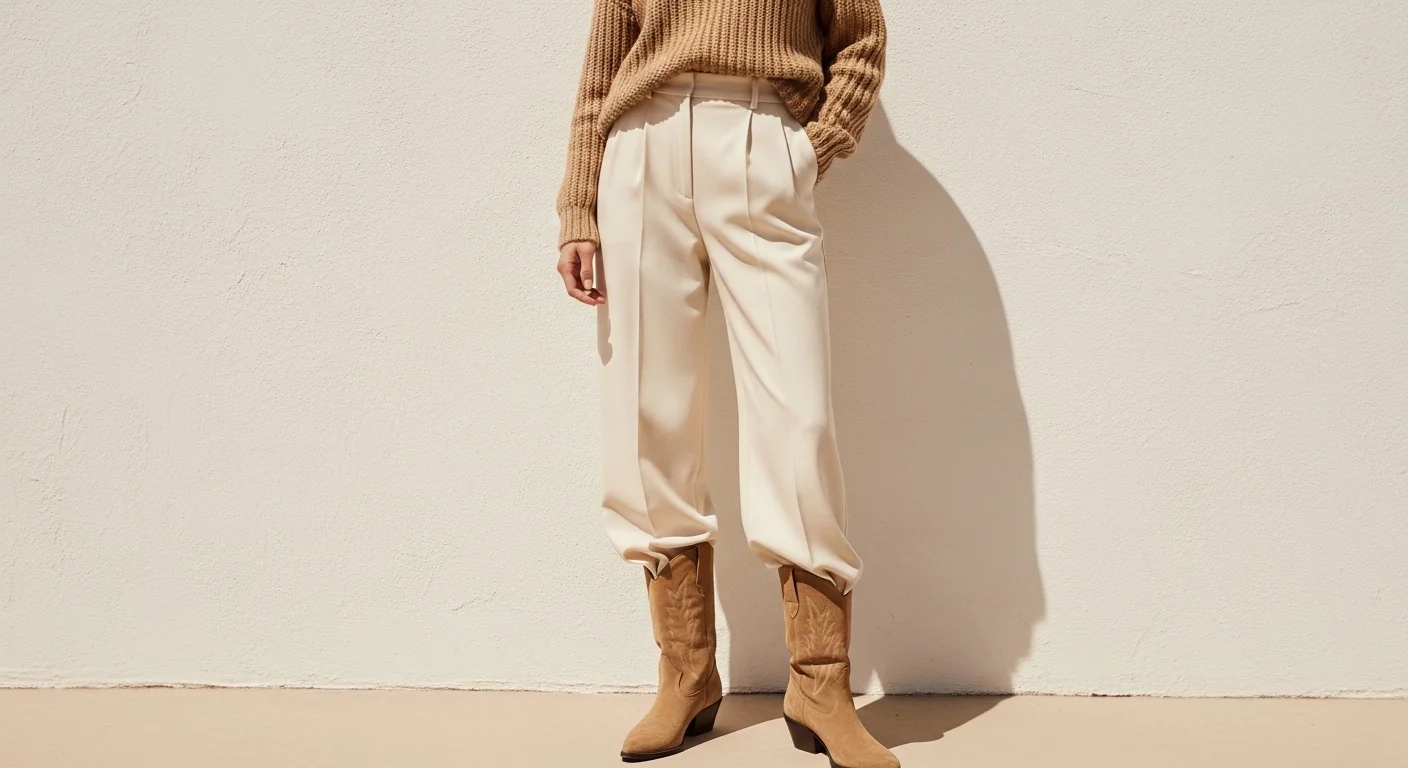 Full tonal cream and oatmeal outfit with tan suede cowboy boots against a warm white wall, minimalist fashion editorial