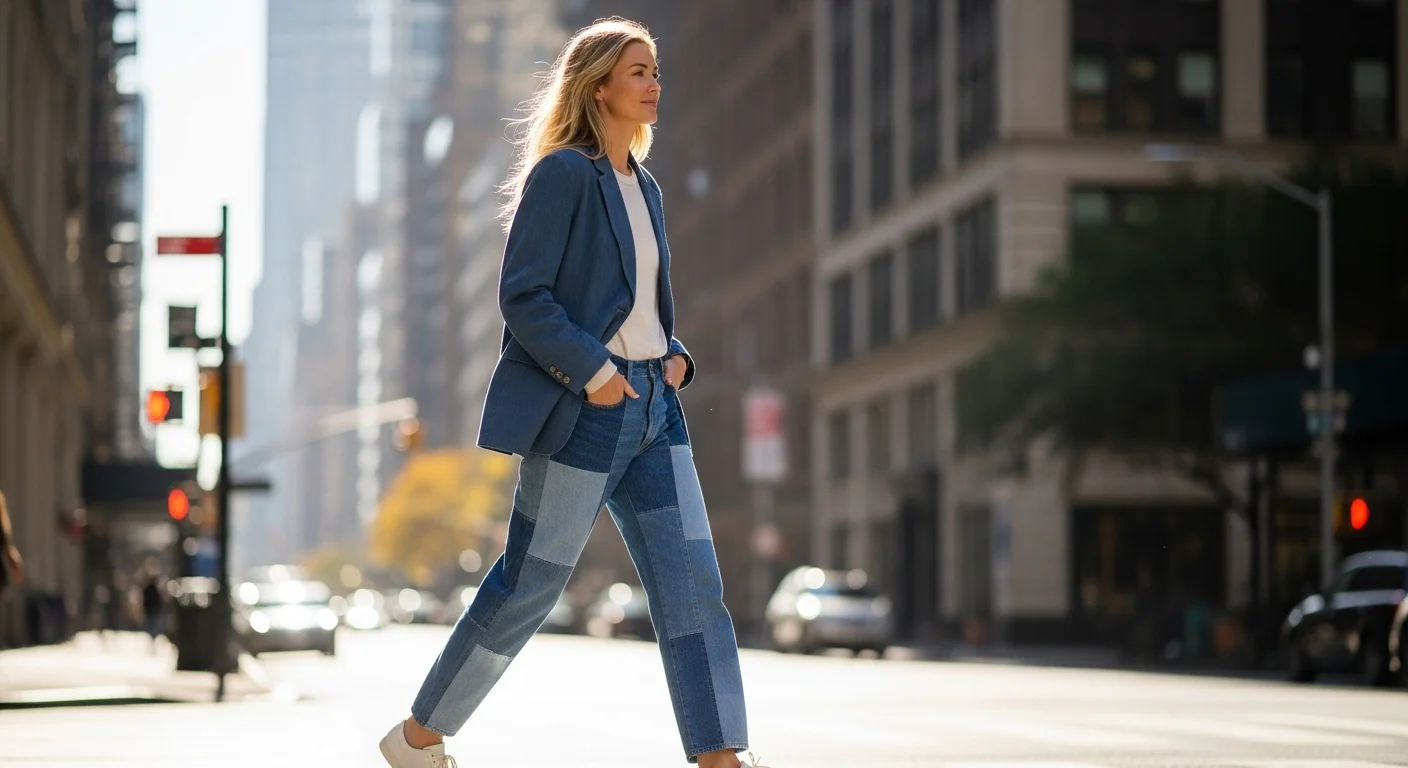 Lively walking casually through a New York City street in loose patchwork blue jeans, a dusty blue denim blazer, and white sneakers on an autumn morning (1)