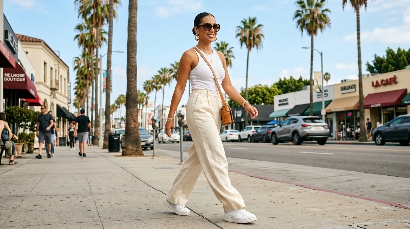 Plain White Tank Top and Wide Leg Linen Pants