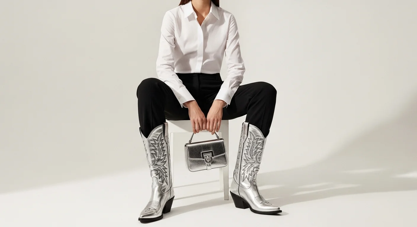 Silver metallic embroidered cowboy boots styled with black trousers and a white shirt in a clean studio fashion editorial