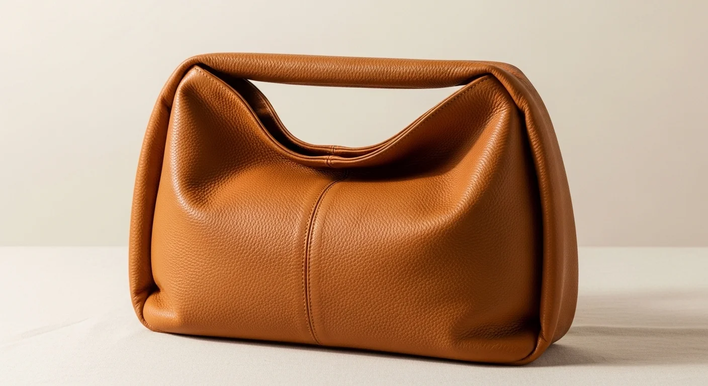 Soft caramel leather slouchy unstructured hobo bag resting on cream