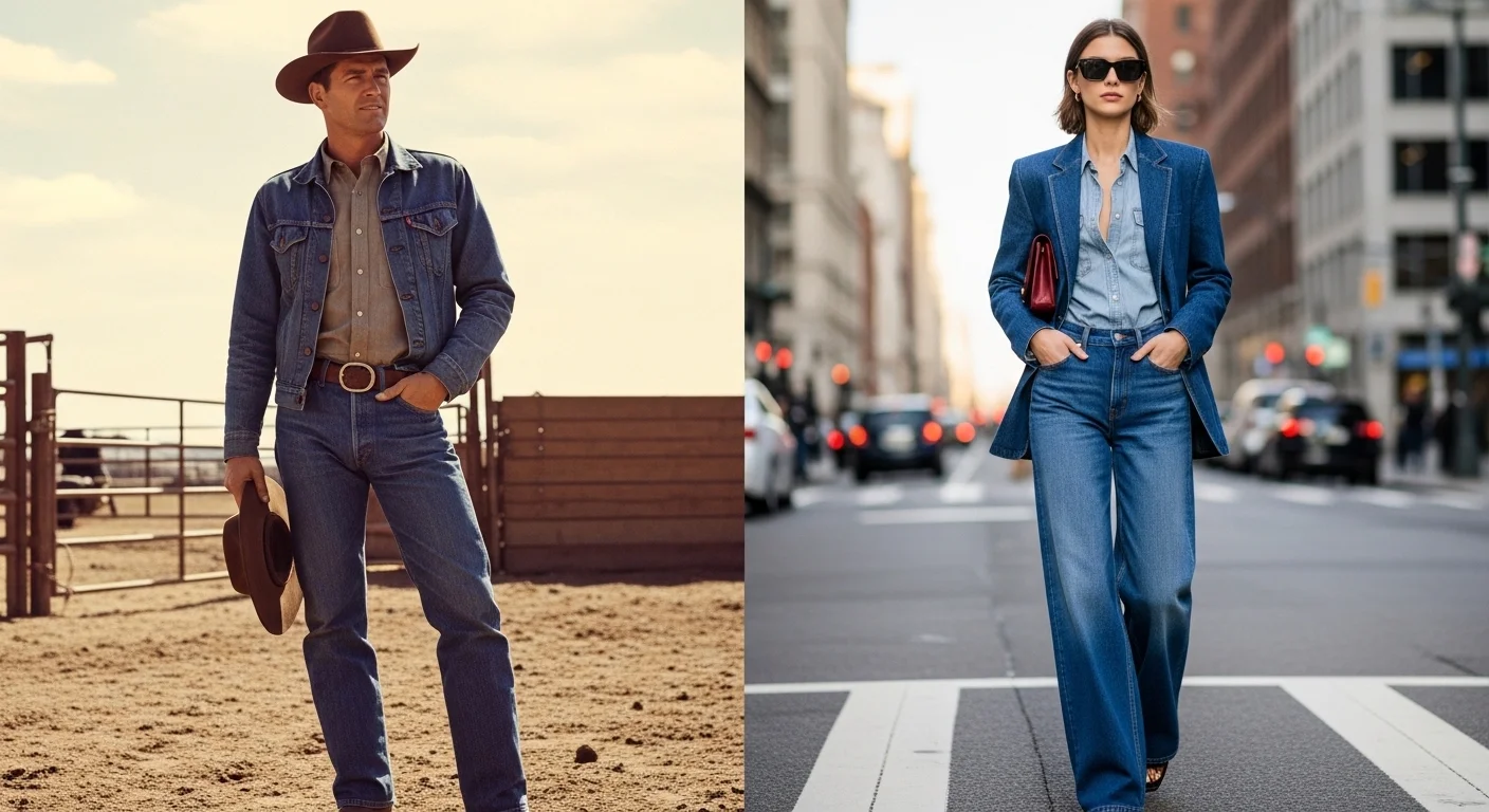 Split screen editorial image showing the evolution of double denim from a 1950s ranch worke (1)