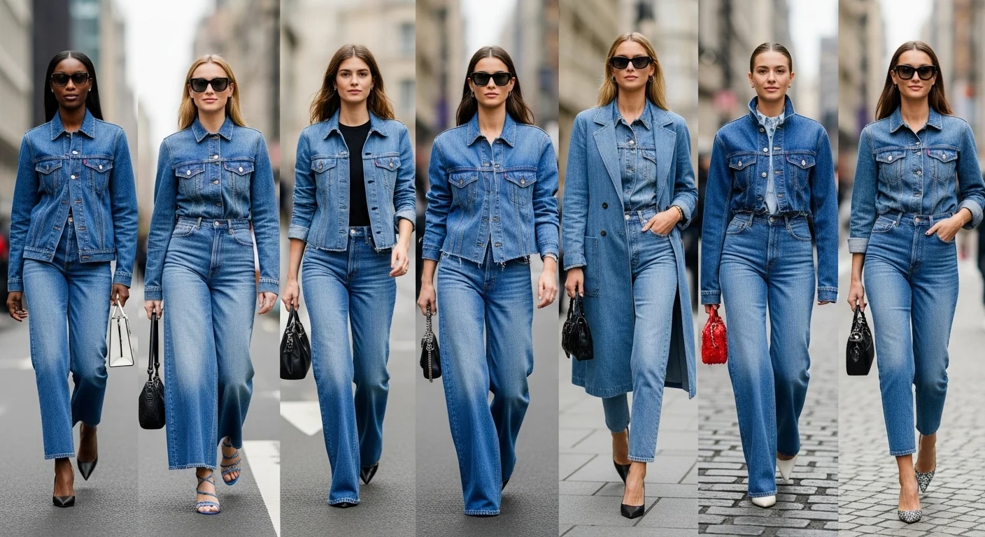 Stylish women of different ethnicities wearing various double denim outfits on city streets in New York, Paris, and Tokyo representing the global comeback of the Canadian tuxedo trend