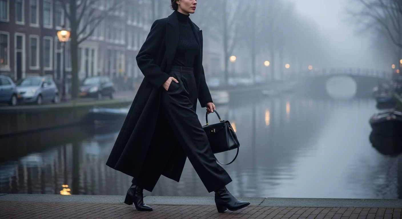 The All Black Turtleneck and Wide Leg Trouser Outfit