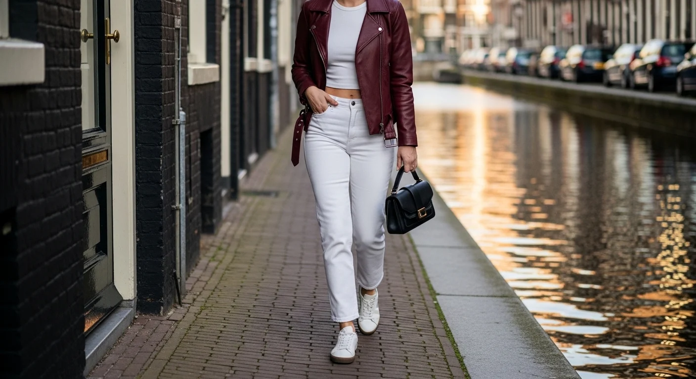 The Burgundy Leather Jacket and White Denim Look