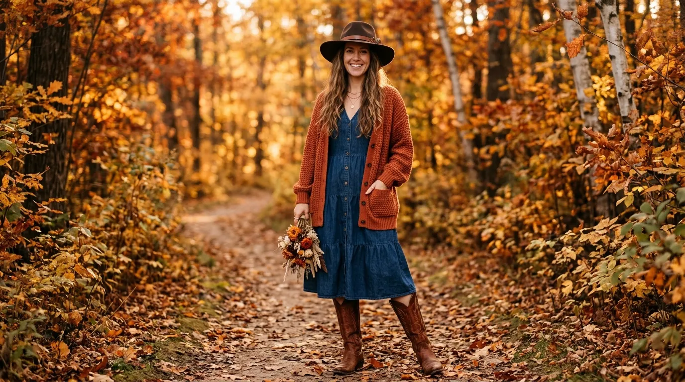 The Cozy Autumn Denim Dress With Knit Cardigan and Wide Brim Hat