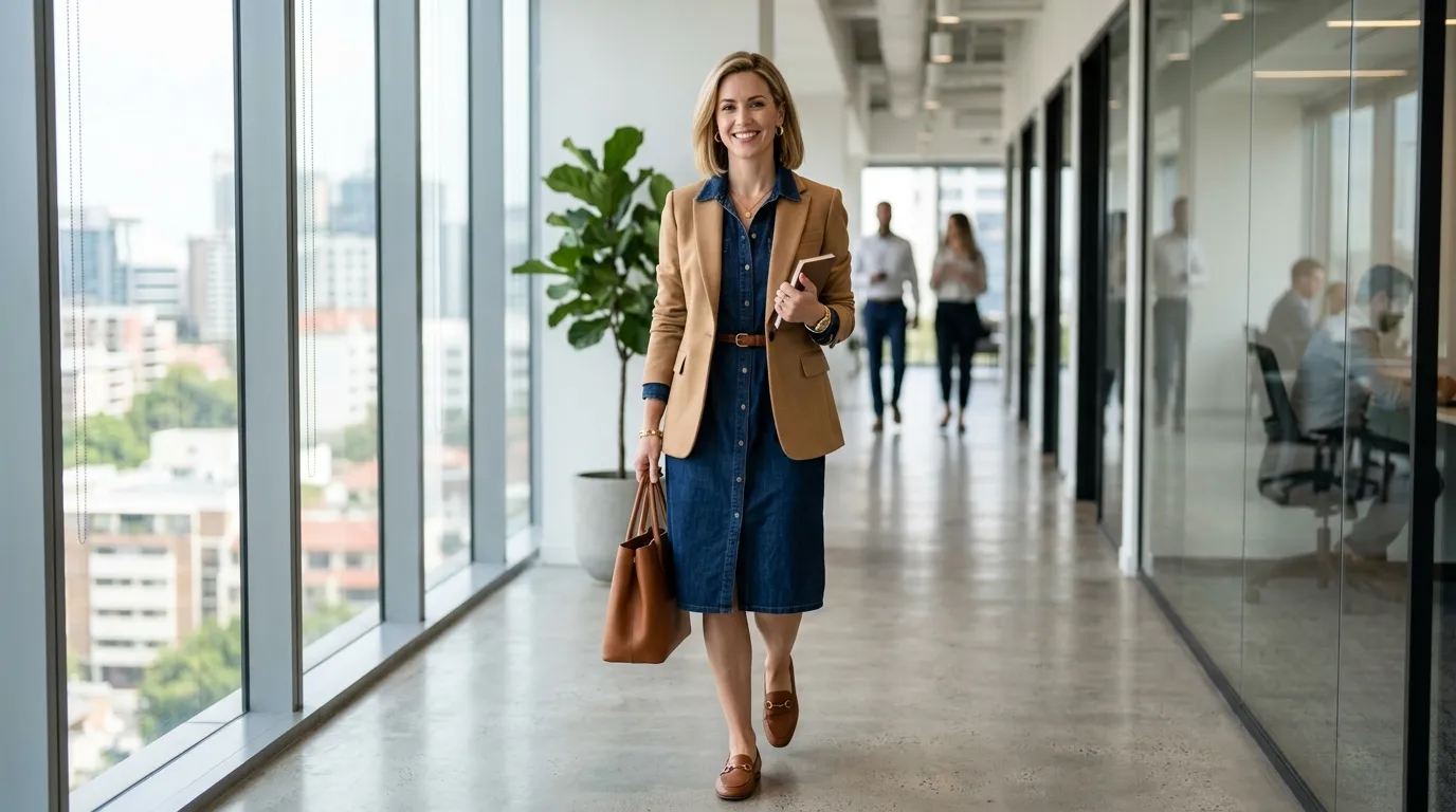 The Denim Shirt Dress With a Blazer and Loafers