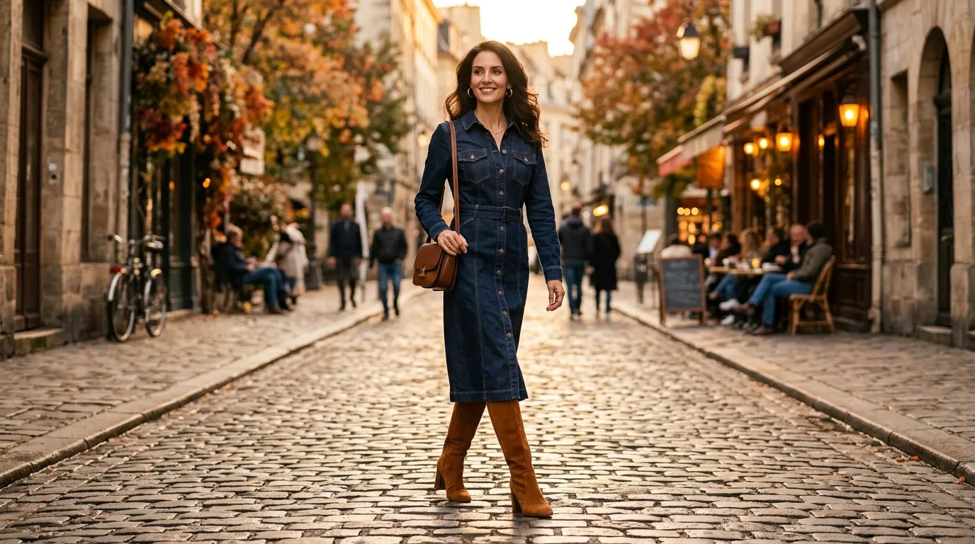 The Midi Denim Dress With Knee High Boots