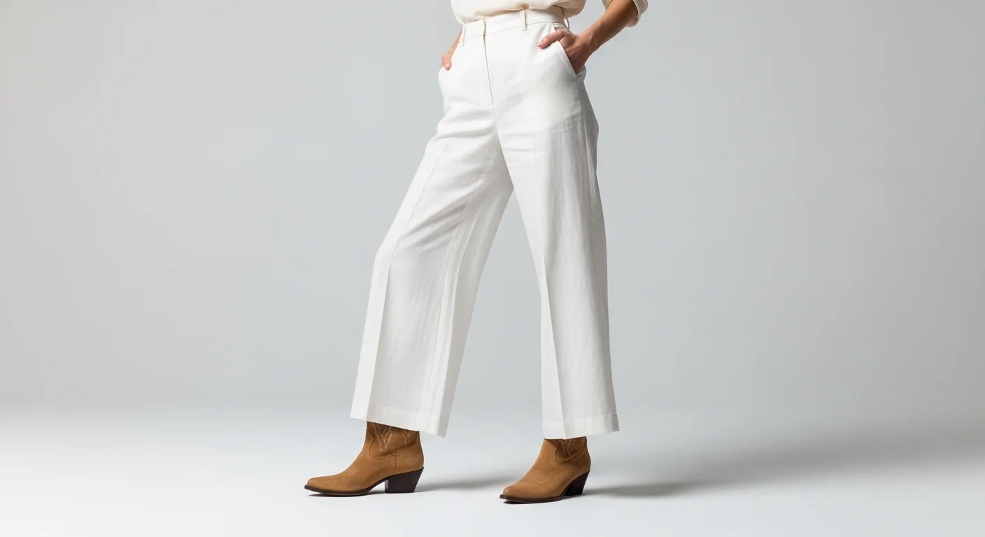 Wide leg ivory trousers over ankle tan suede cowboy boots with a silk blouse, clean studio fashion editorial
